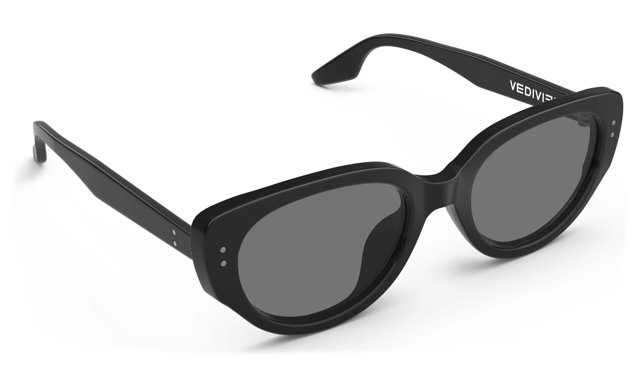 Angled view of Brancusi black cat-eye sunglasses with grey polarized lenses from Vediview