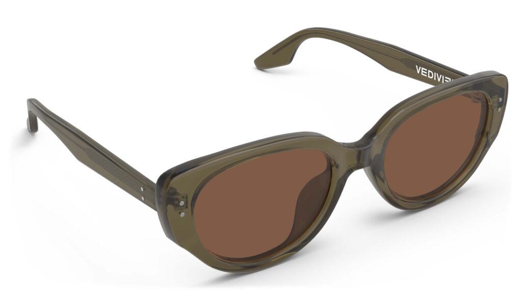 Angled view of Brancusi green cat-eye sunglasses with brown polarized lenses from Vediview