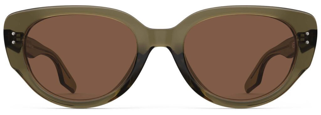 Front view of Brancusi green cat-eye sunglasses with brown polarized lenses from Vediview