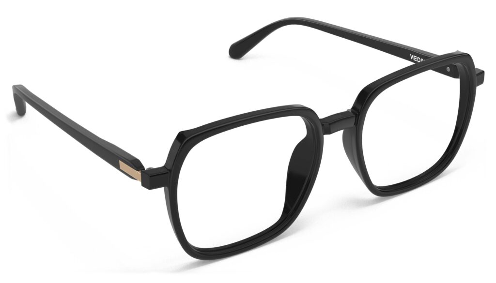 Angled view of Calder black square eyeglasses from Vediview