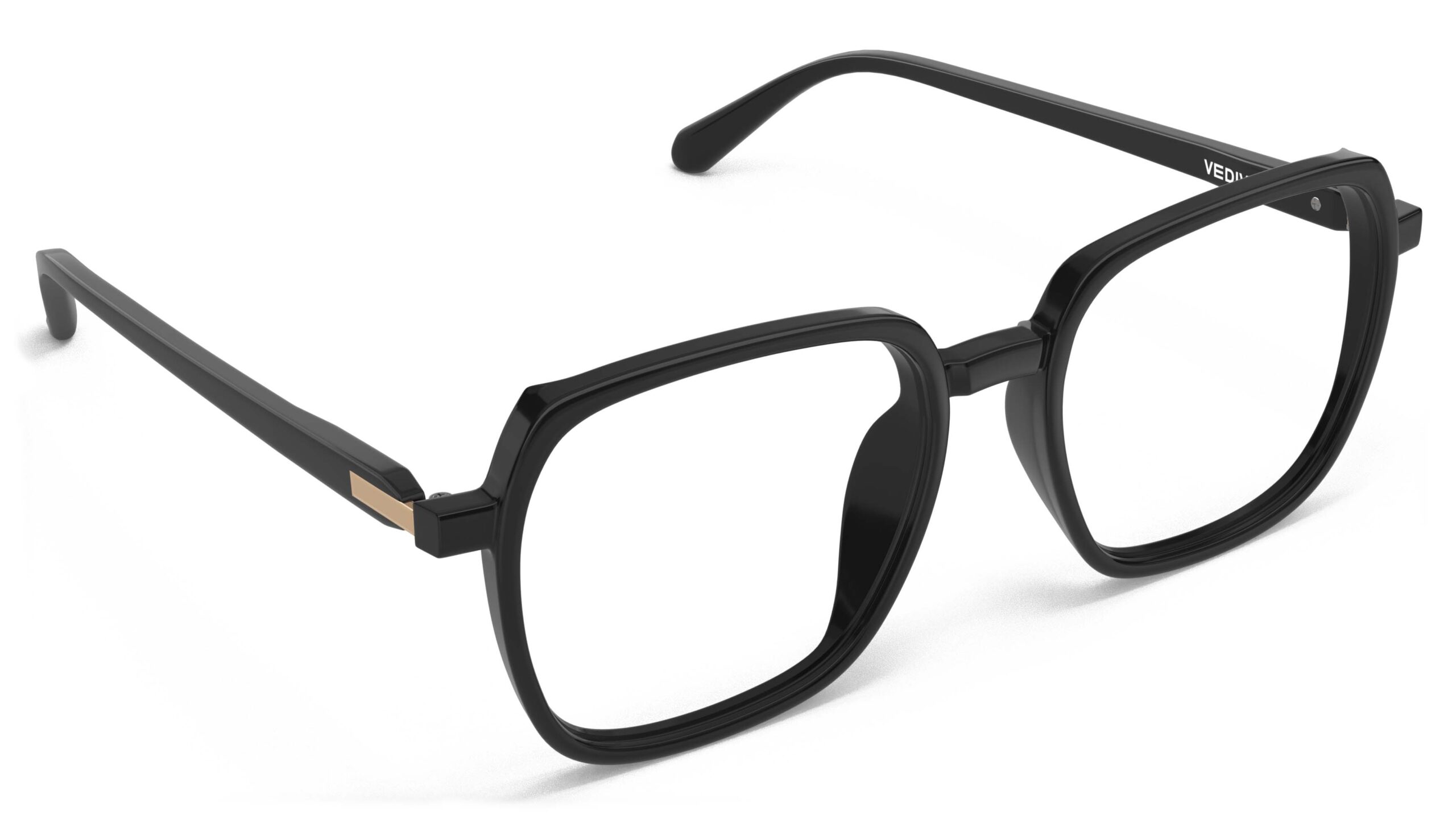 Angled view of Calder black square eyeglasses from Vediview