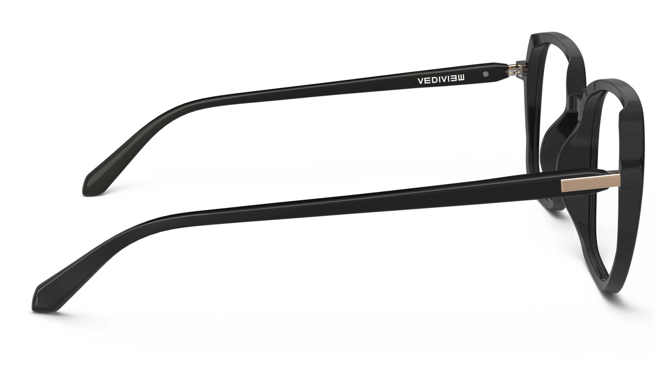 Side view of Calder black square eyeglasses from Vediview