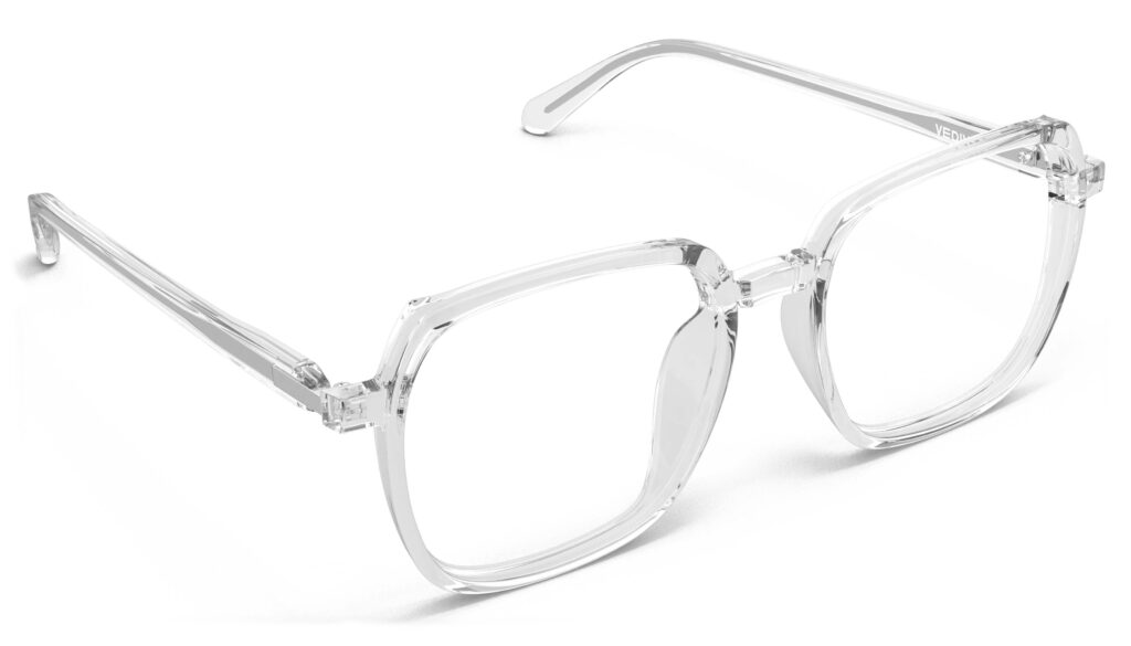 Angled view of Calder clear square eyeglasses from Vediview