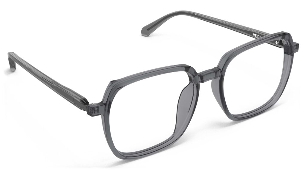 Angled view of Calder dark grey square eyeglasses from Vediview