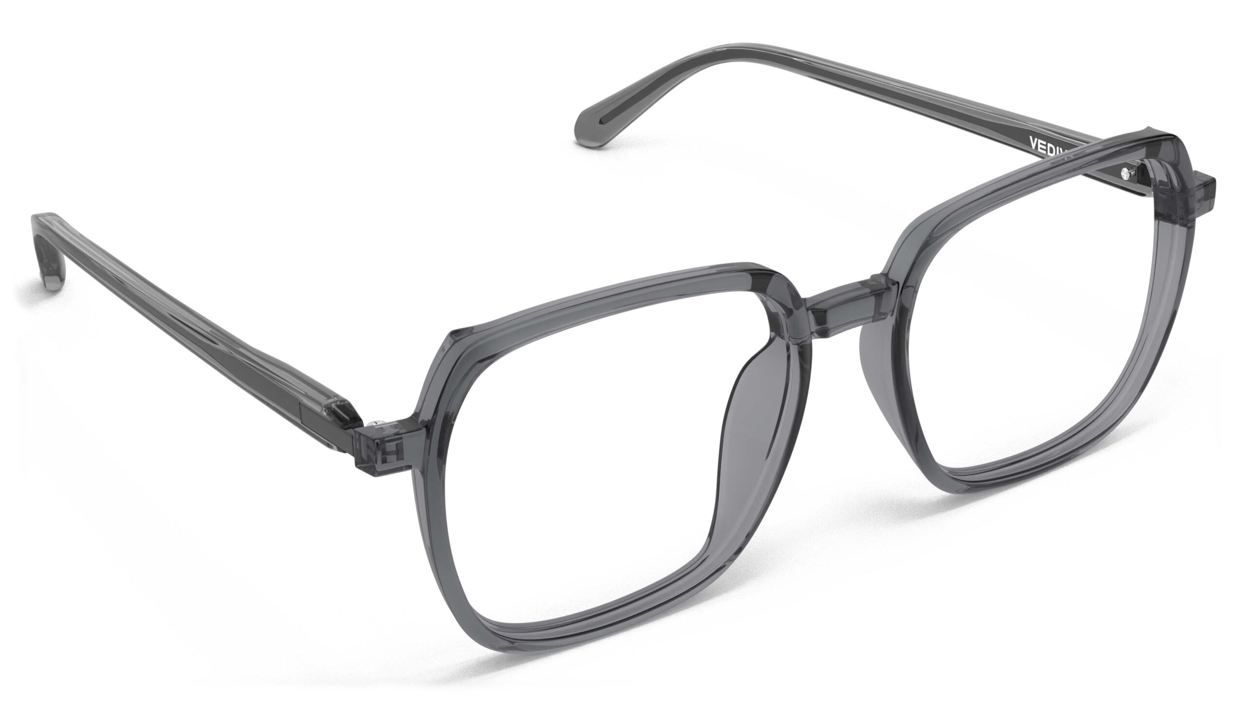 Angled view of Calder dark grey square eyeglasses from Vediview