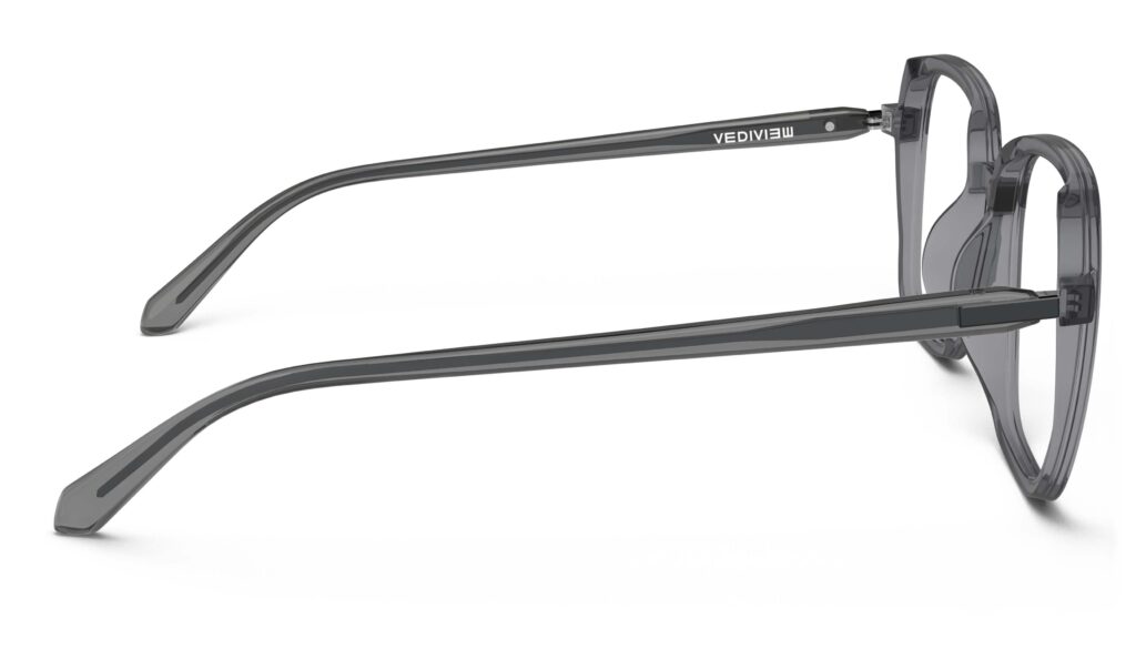 Side view of Calder dark grey square eyeglasses from Vediview