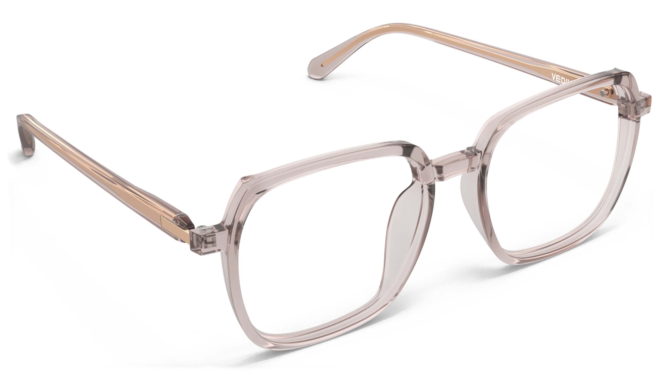 Angled view of Calder pink square eyeglasses from Vediview