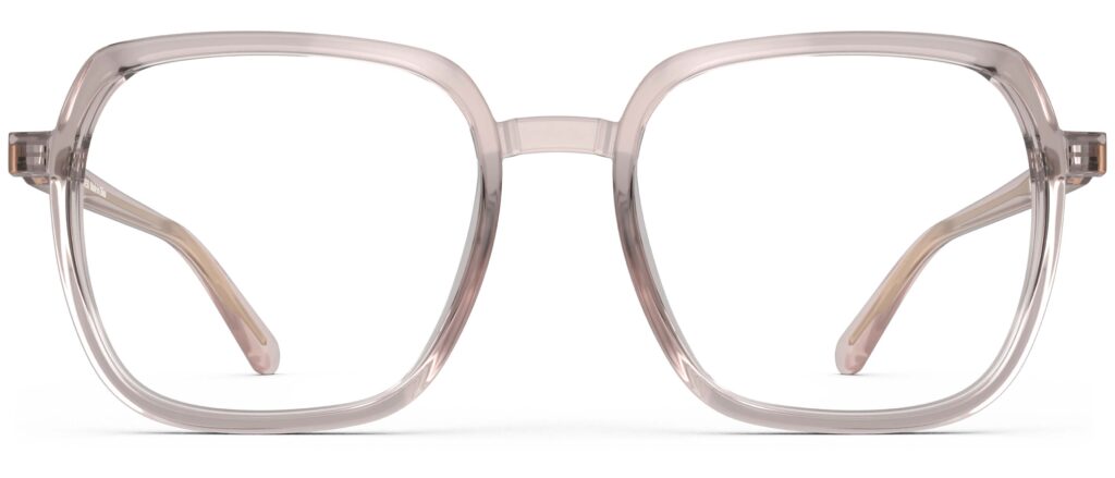 Front view of Calder pink square eyeglasses from Vediview