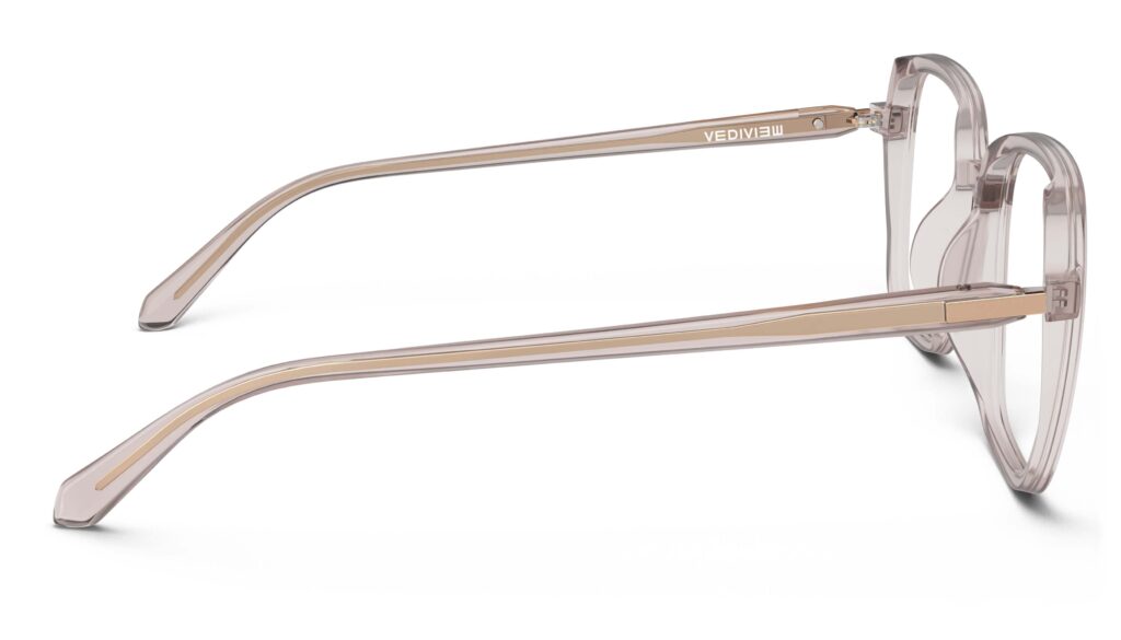 Side view of Calder pink square eyeglasses from Vediview