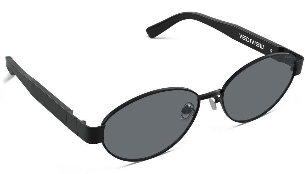 Angled view of Klimt black oval sunglasses with grey polarized lenses from Vediview