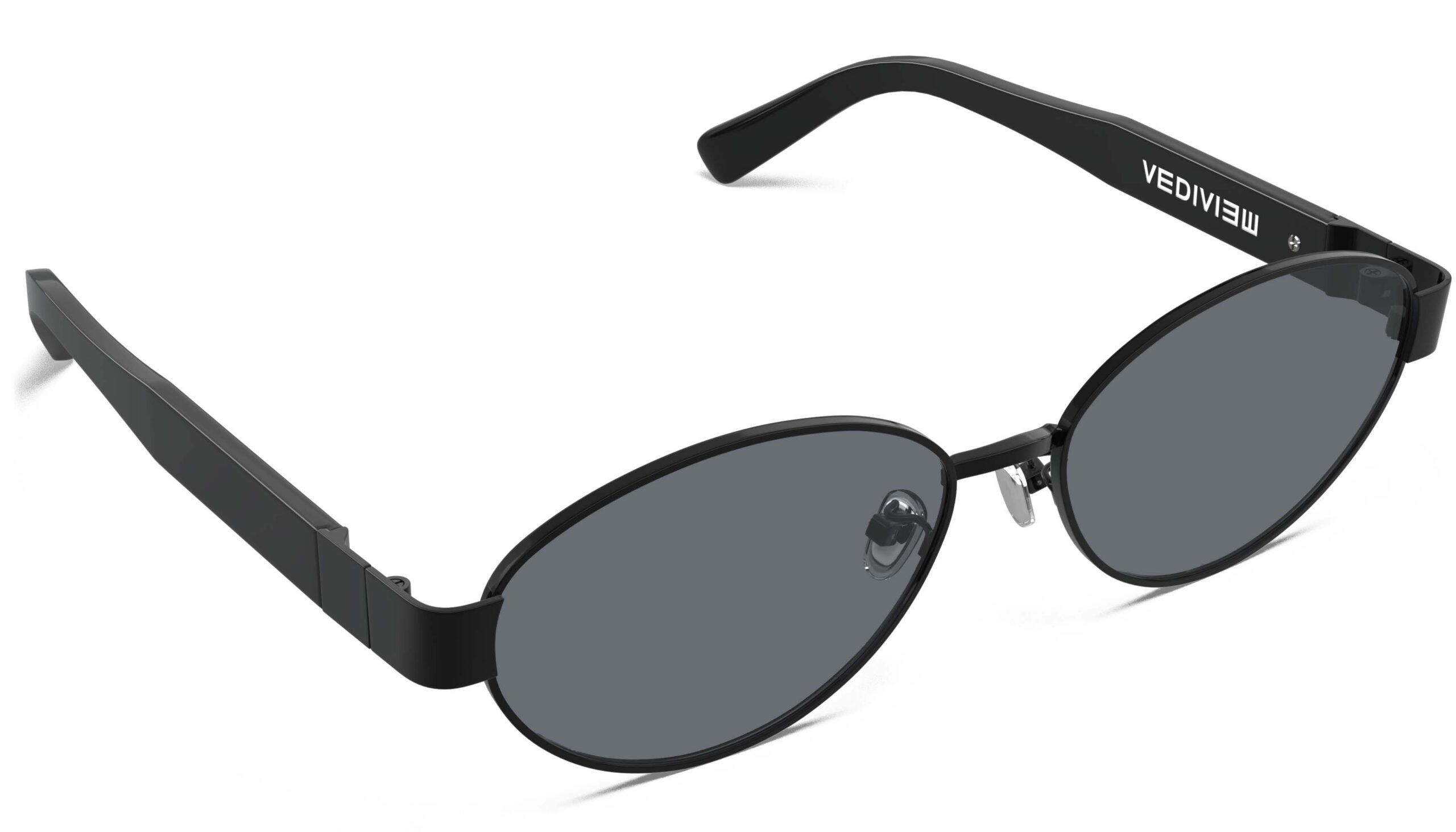 Angled view of Klimt black oval sunglasses with grey polarized lenses from Vediview