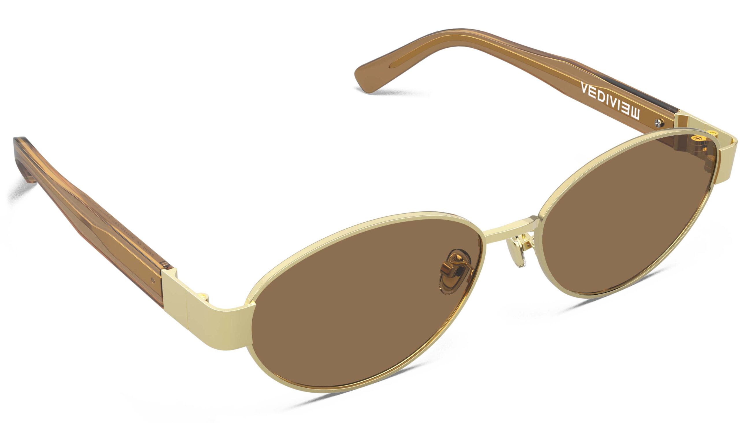 Angled view of Klimt gold amber oval sunglasses with brown polarized lenses from Vediview