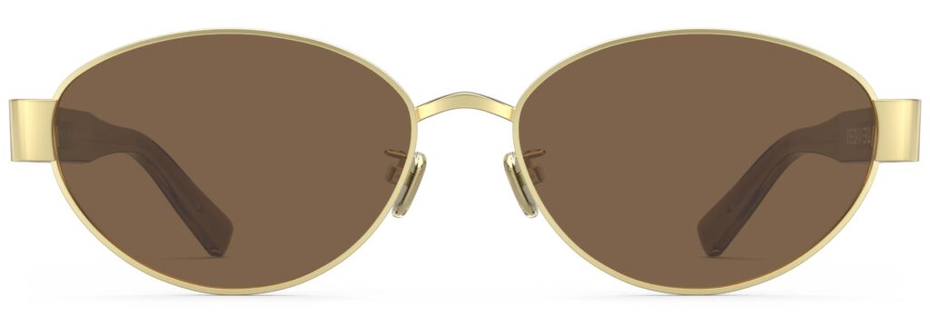 Front view of Klimt gold amber oval sunglasses with brown polarized lenses from Vediview