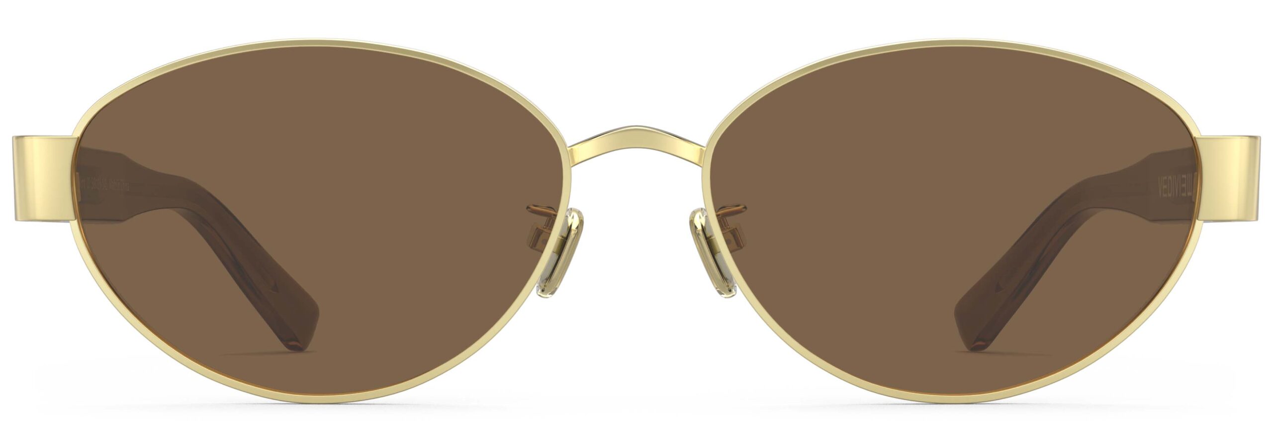Front view of Klimt gold amber oval sunglasses with brown polarized lenses from Vediview