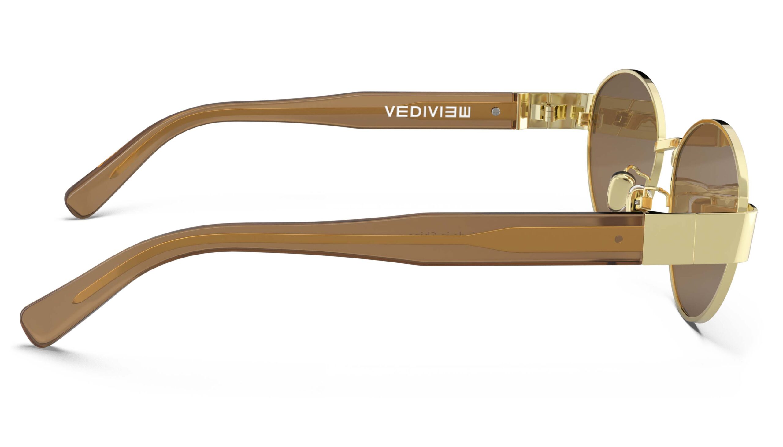 Side view of Klimt gold amber oval sunglasses with brown polarized lenses from Vediview