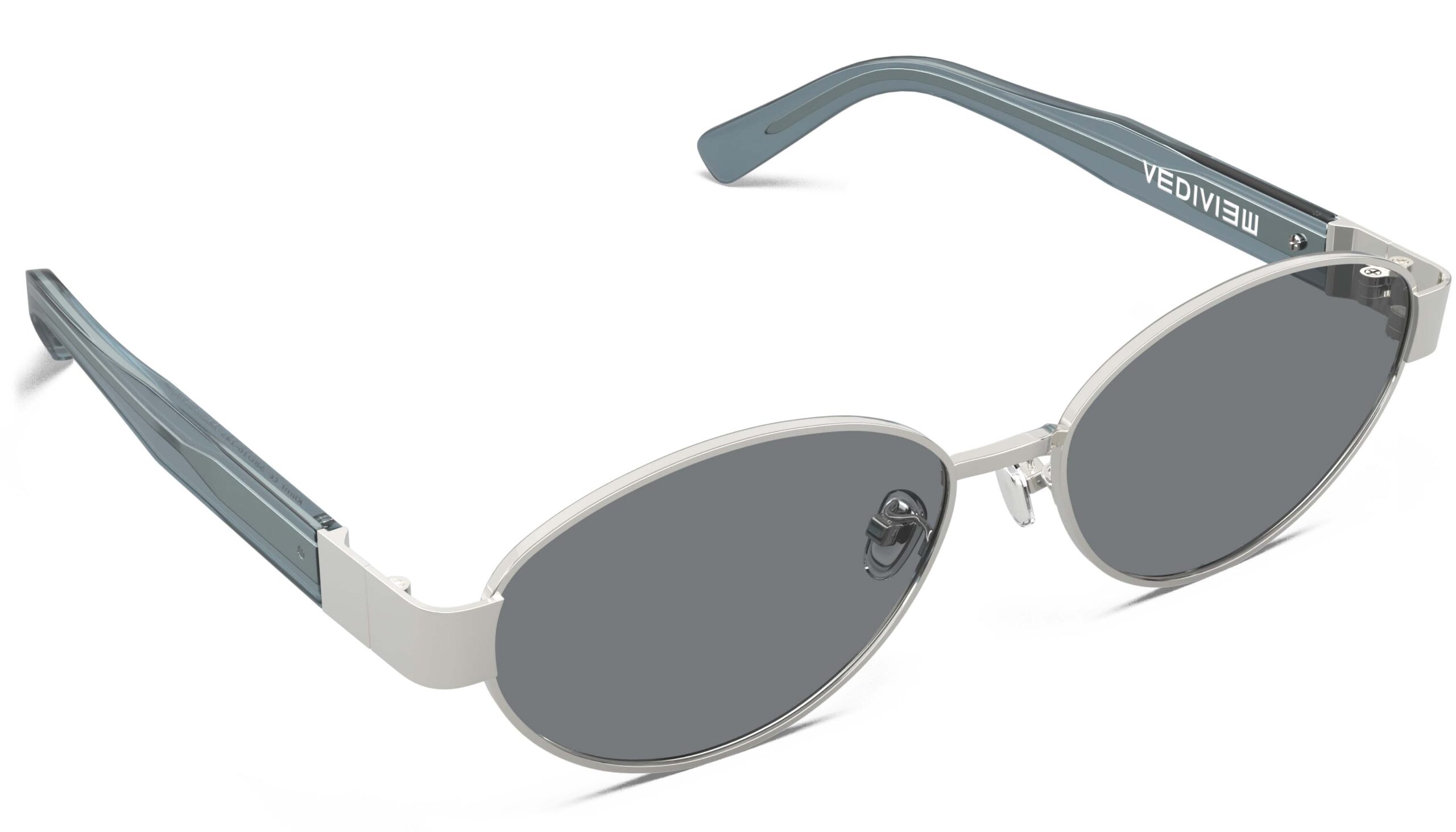 Angled view of Klimt silver blue oval sunglasses with grey polarized lenses from Vediview