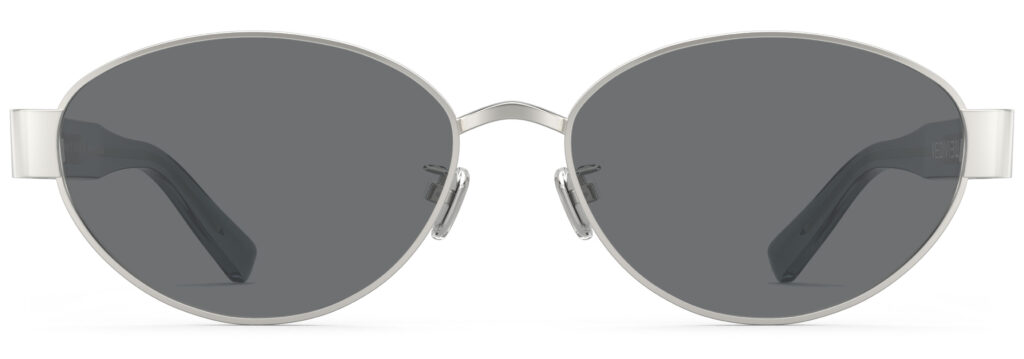 Front view of Klimt silver blue oval sunglasses with grey polarized lenses from Vediview