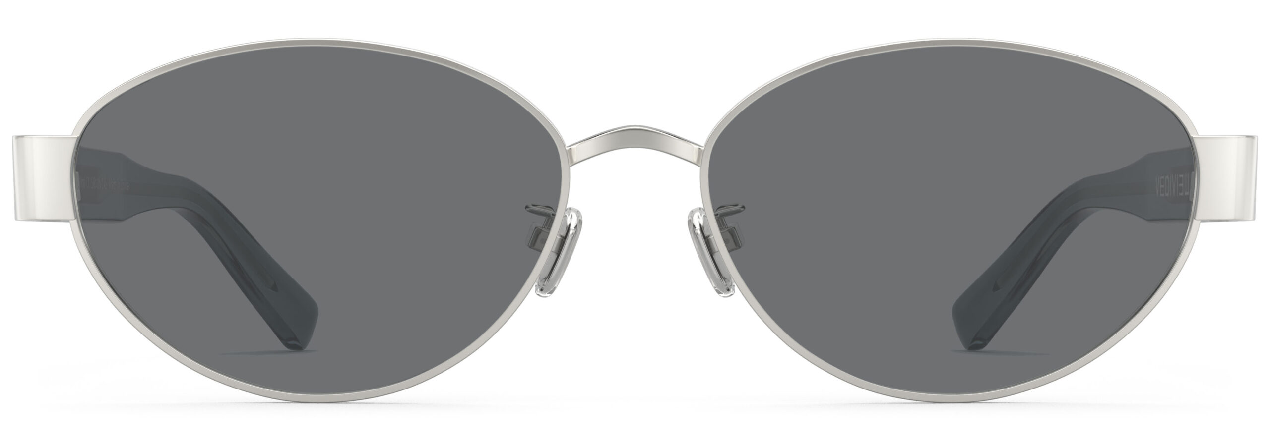 Front view of Klimt silver blue oval sunglasses with grey polarized lenses from Vediview