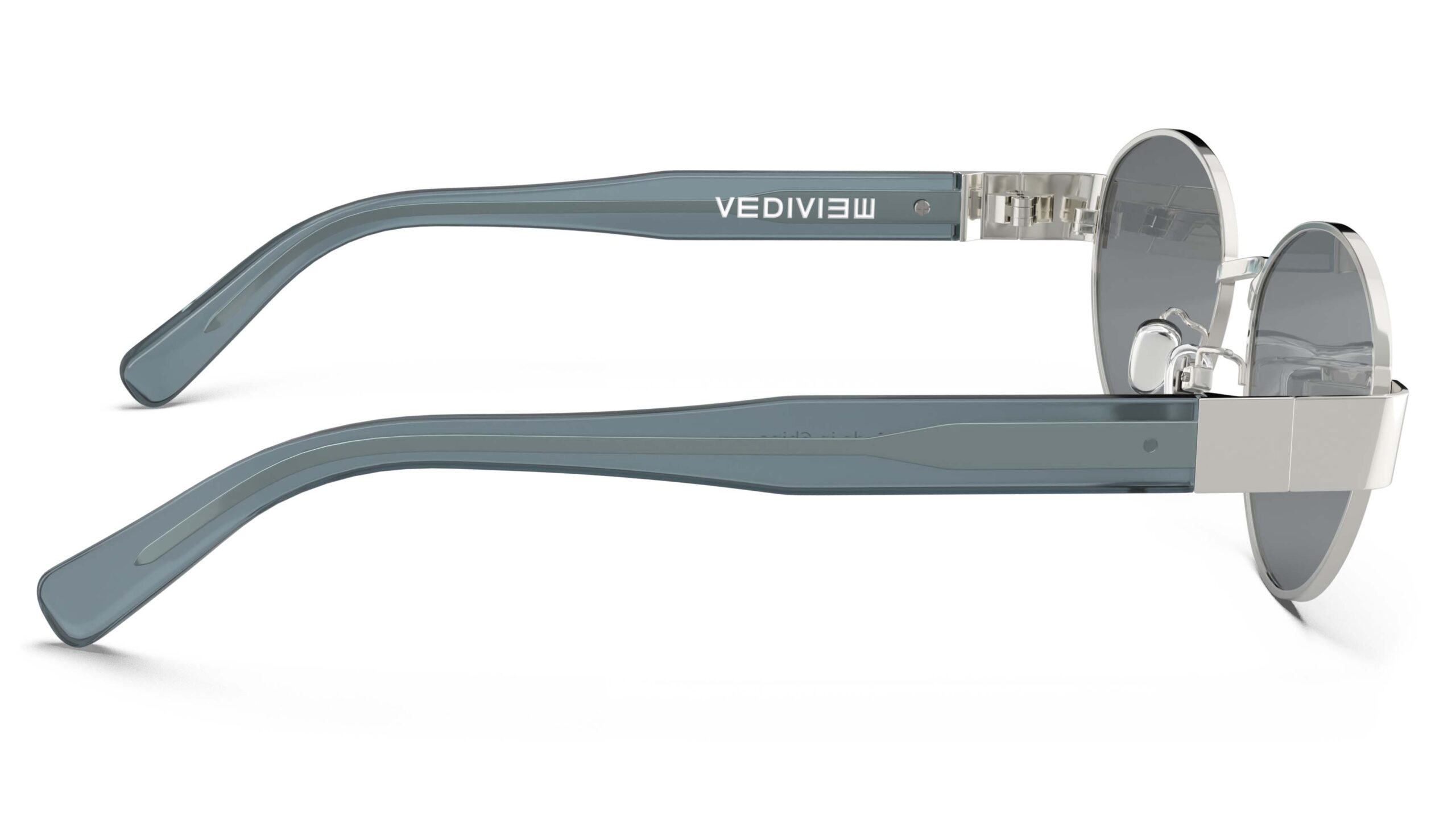 Side view of Klimt silver blue oval sunglasses with grey polarized lenses from Vediview