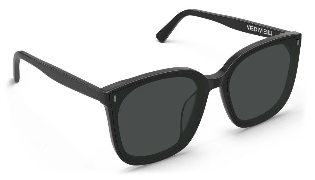 Angled view of Neutra black Square sunglasses with grey lenses from Vediview