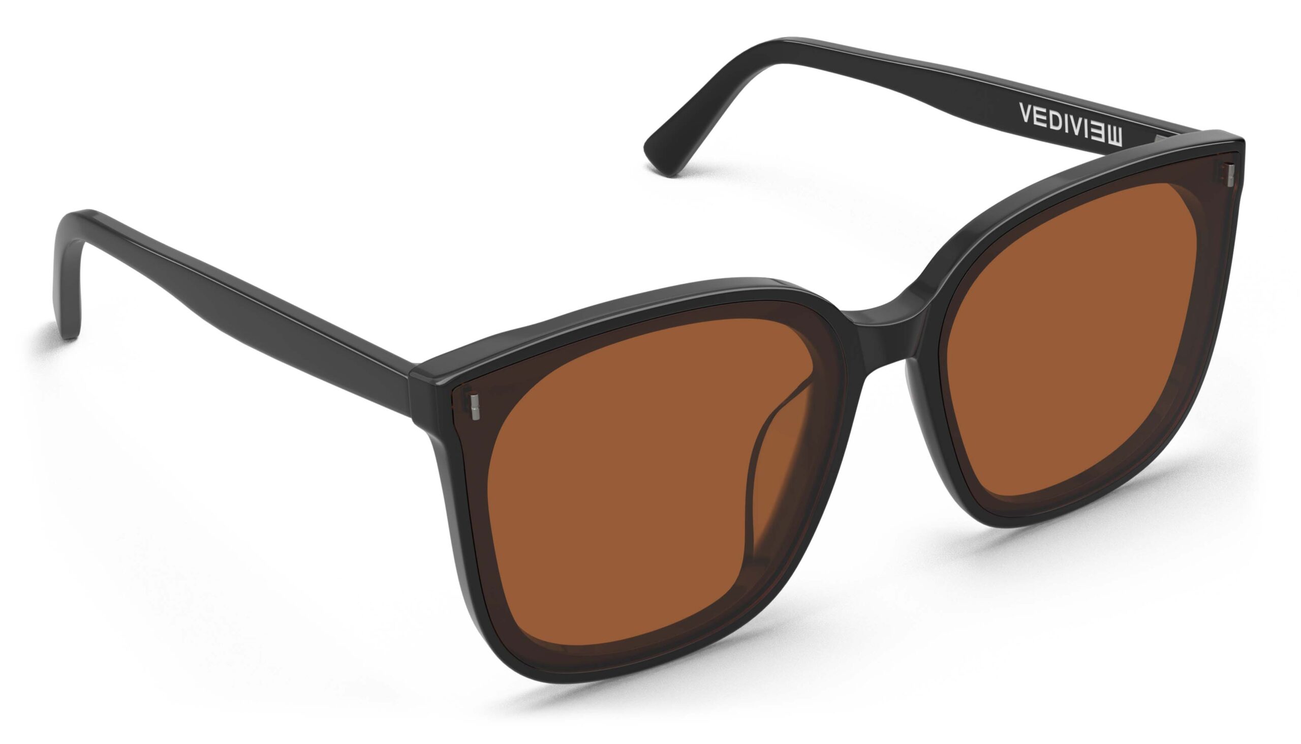 Angled view of Neutra black Square sunglasses with orange lenses from Vediview
