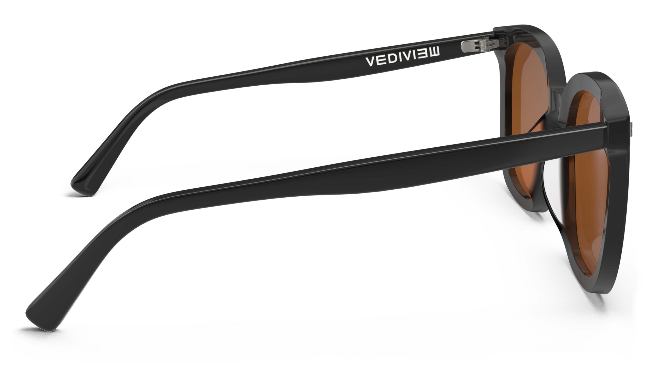 Side view of Neutra black Square sunglasses with orange lenses from Vediview
