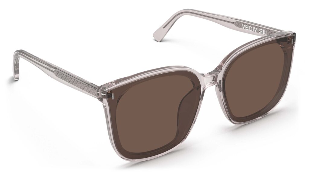 Angled view of Neutra pink Square sunglasses with brown lenses from Vediview
