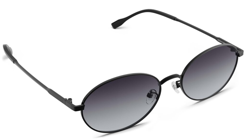 Angled view of Alva black oval sunglasses with purple gradient polarized lenses from Vediview