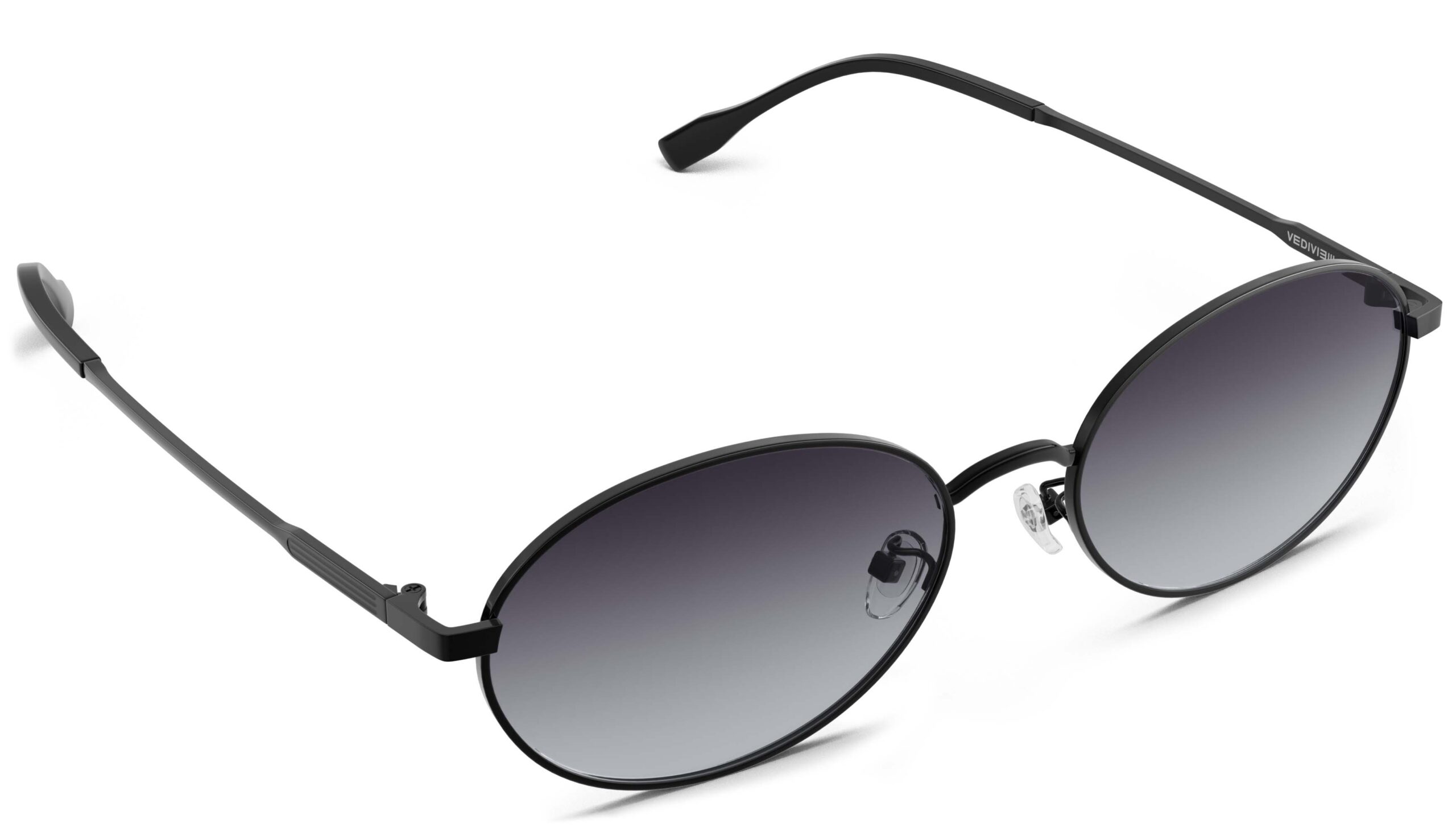 Angled view of Alva black oval sunglasses with purple gradient polarized lenses from Vediview