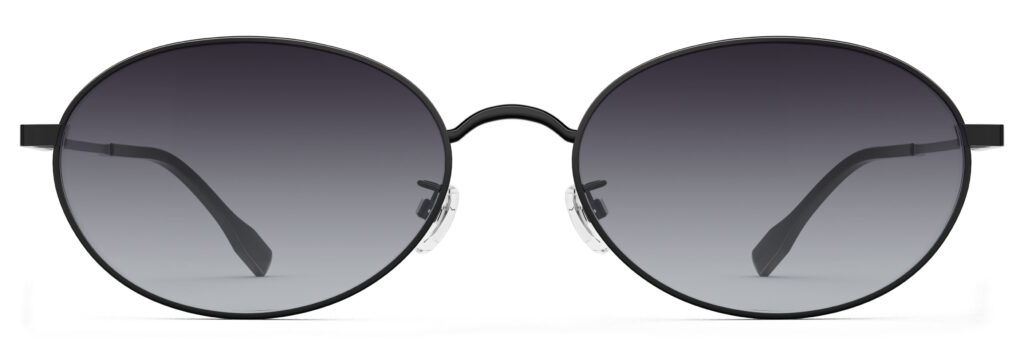 Front view of Alva black oval sunglasses with purple gradient polarized lenses from Vediview