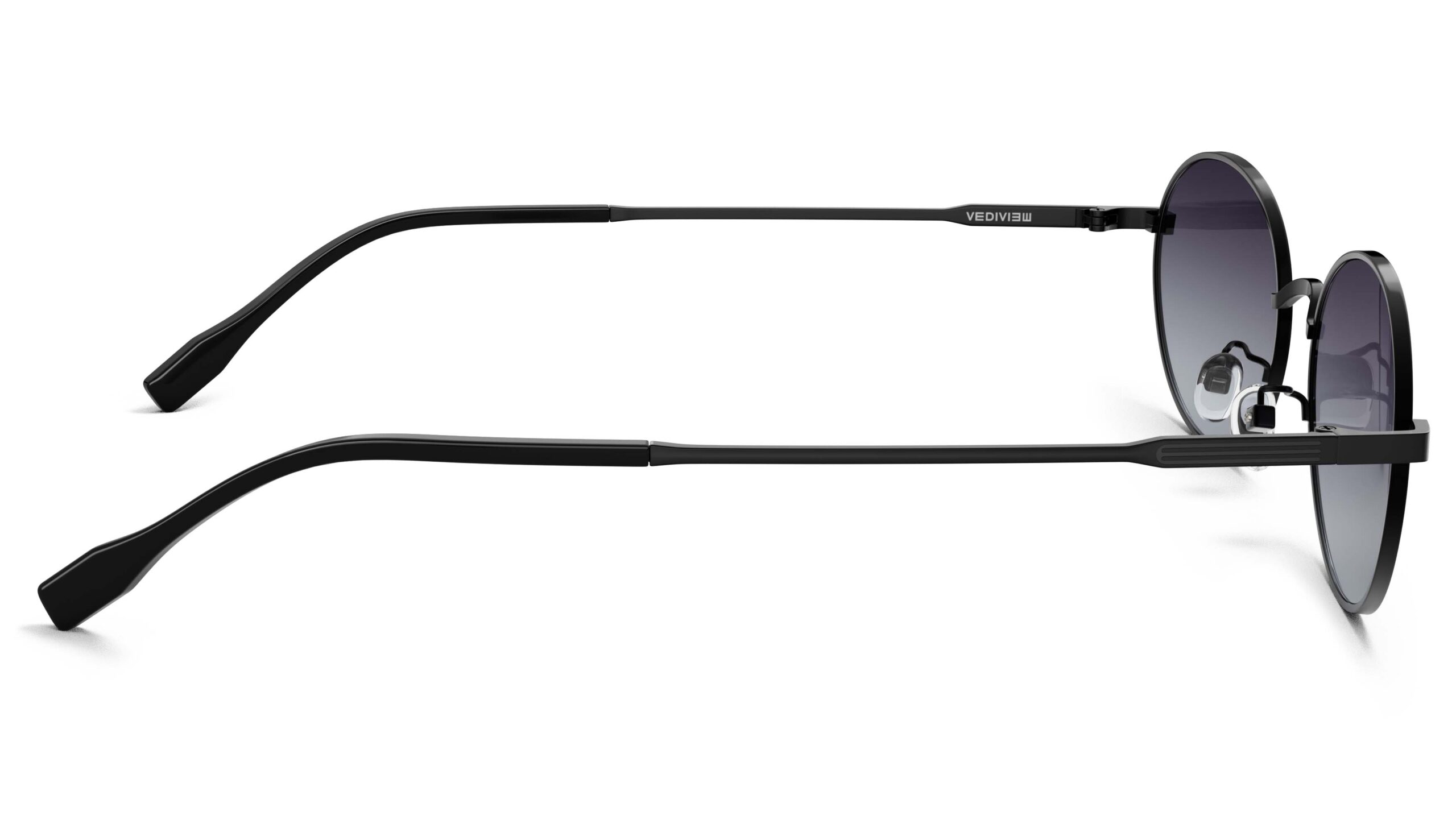 Side view of Alva black oval sunglasses with purple gradient polarized lenses from Vediview