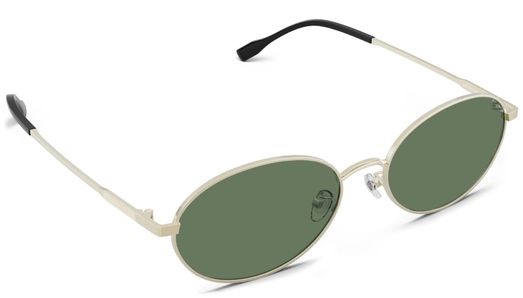 Angled view of Alva gold oval sunglasses with green polarized lenses from Vediview