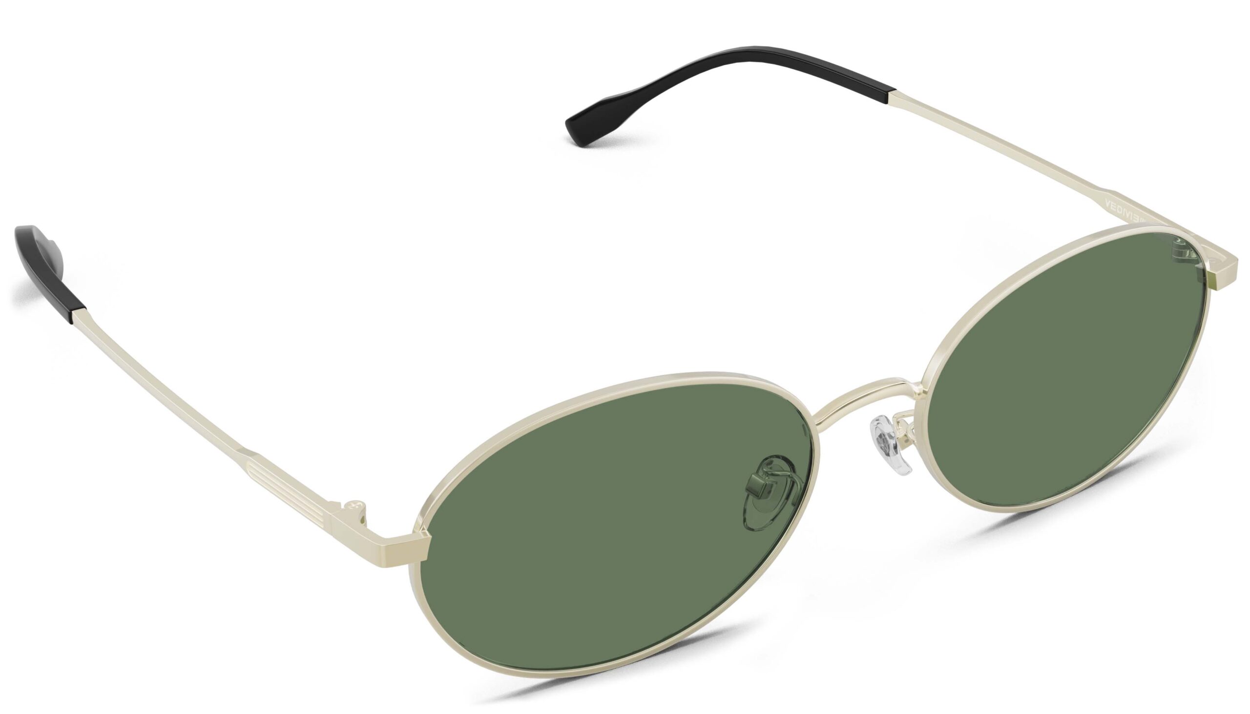 Angled view of Alva gold oval sunglasses with green polarized lenses from Vediview