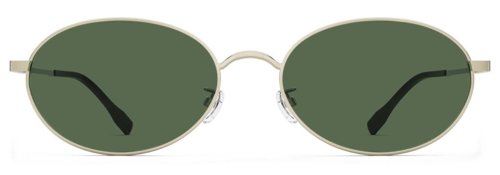 Front view of Alva gold oval sunglasses with green polarized lenses from Vediview