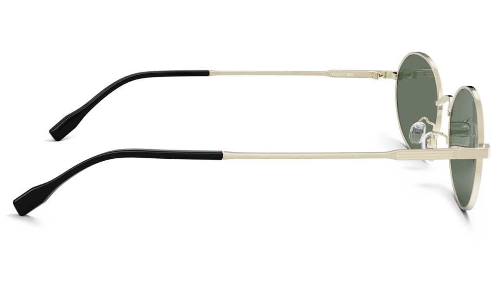 Side view of Alva gold oval sunglasses with green polarized lenses from Vediview