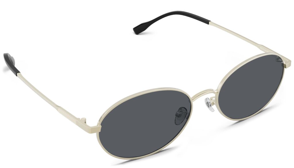 Angled view of Alva gold oval sunglasses with grey polarized lenses from Vediview