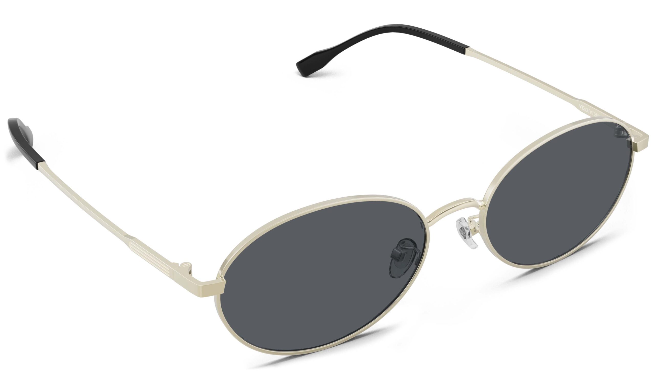 Angled view of Alva gold oval sunglasses with grey polarized lenses from Vediview