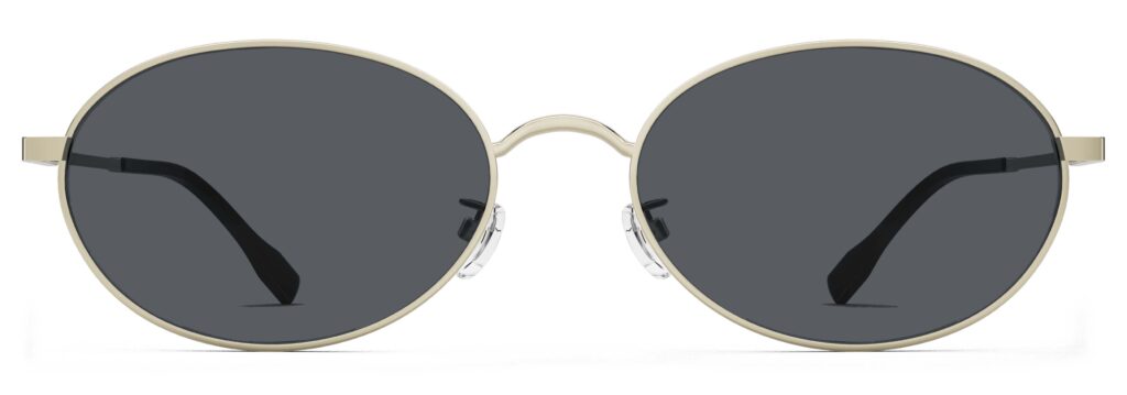Front view of Alva gold oval sunglasses with grey polarized lenses from Vediview