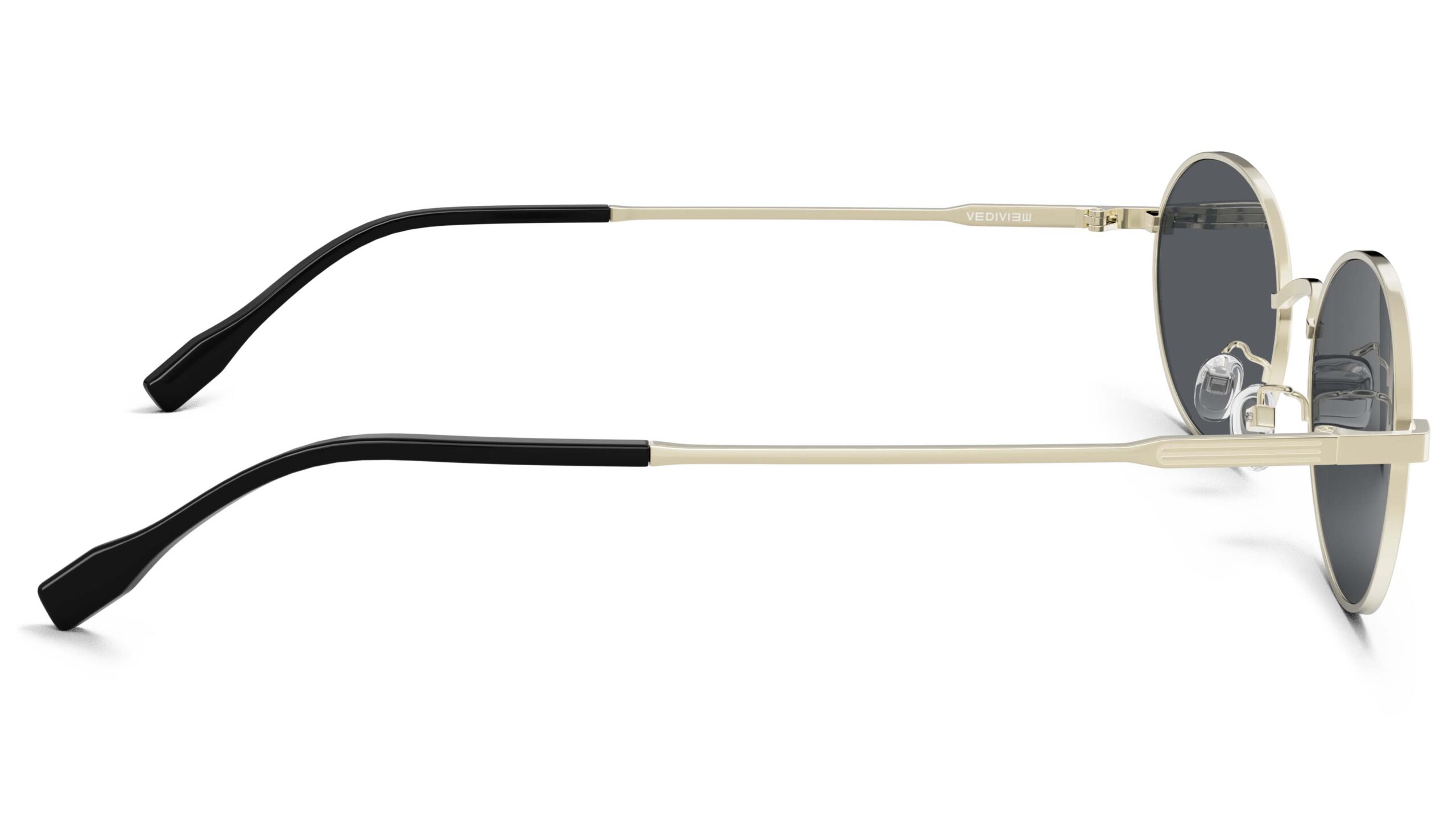 Side view of Alva gold oval sunglasses with grey polarized lenses from Vediview
