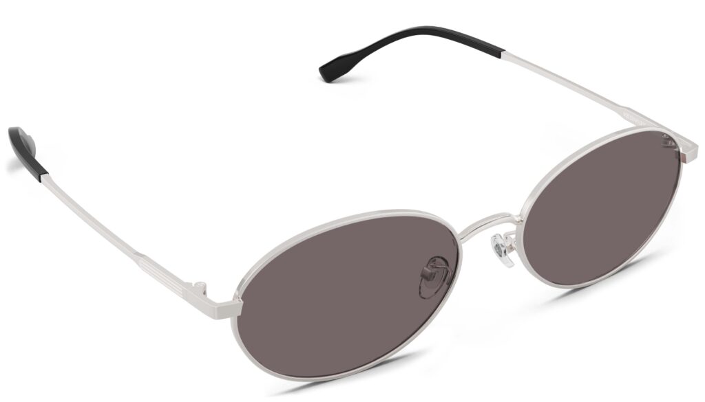 Angled view of Alva silver oval sunglasses with brown polarized lenses from Vediview