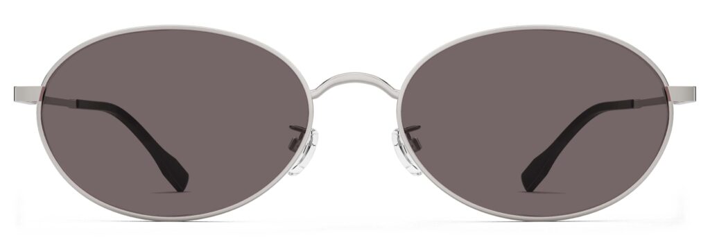 Front view of Alva silver oval sunglasses with brown polarized lenses from Vediview