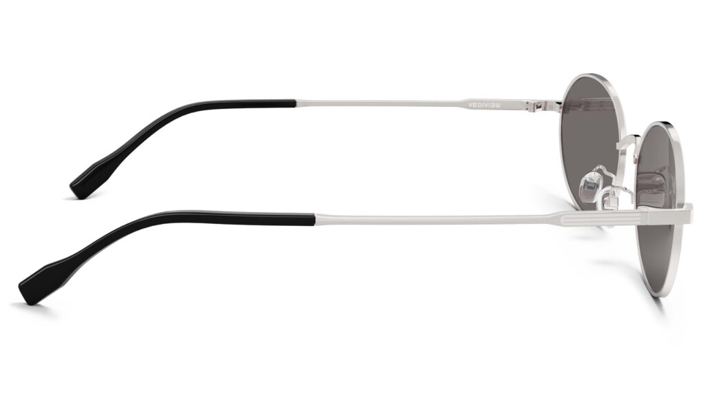 Side view of Alva silver oval sunglasses with brown polarized lenses from Vediview