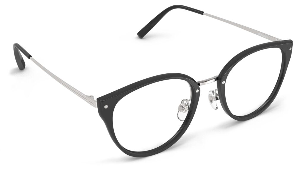 Angled view of Angelou black silver cat eye eyeglasses from Vediview