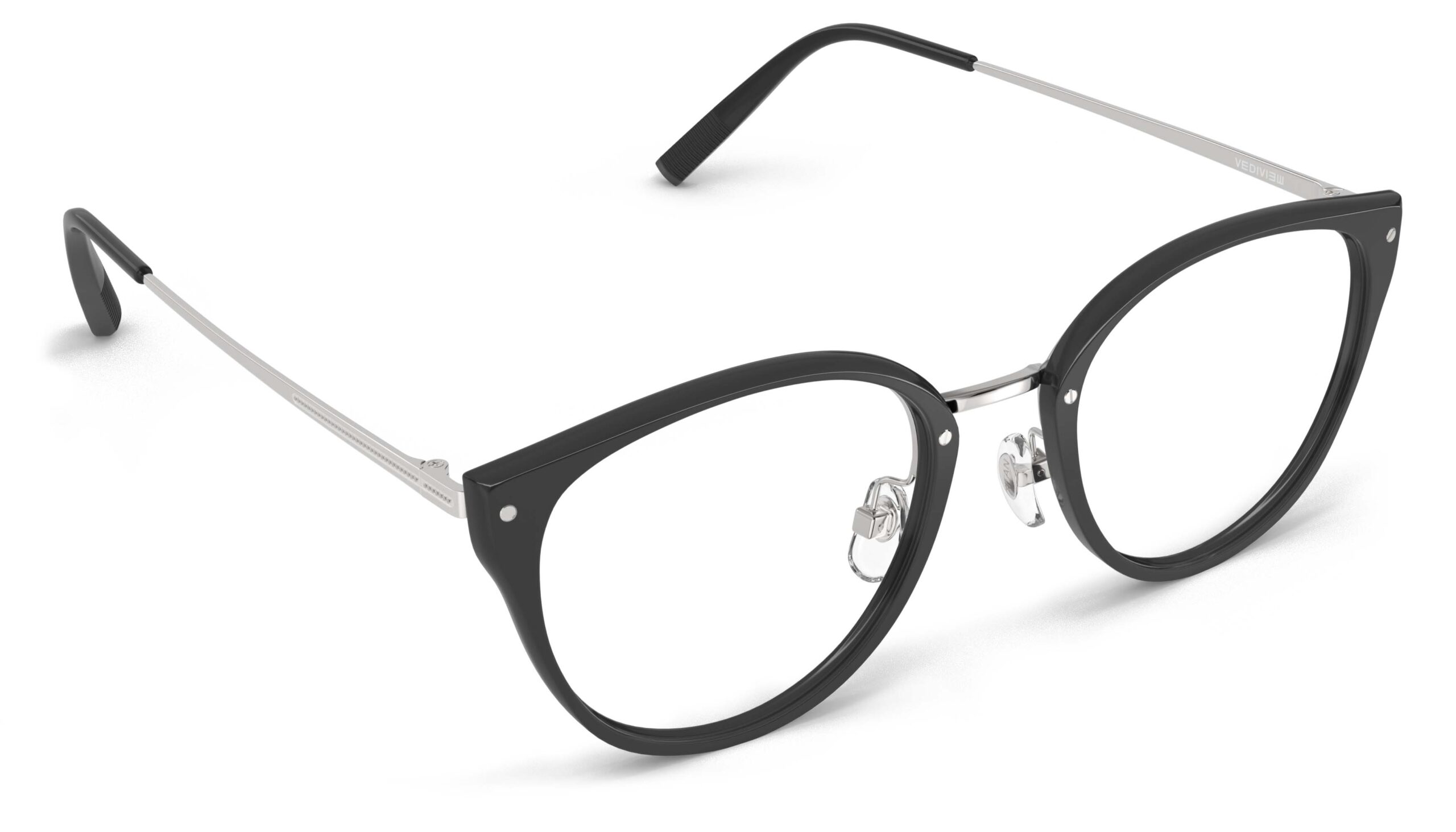 Angled view of Angelou black silver cat eye eyeglasses from Vediview