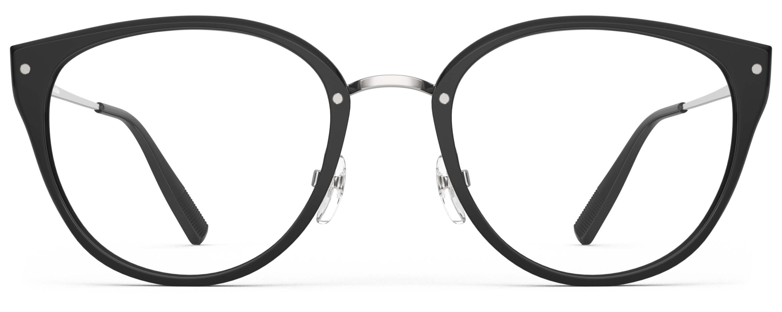 Front view of Angelou black silver cat eye eyeglasses from Vediview