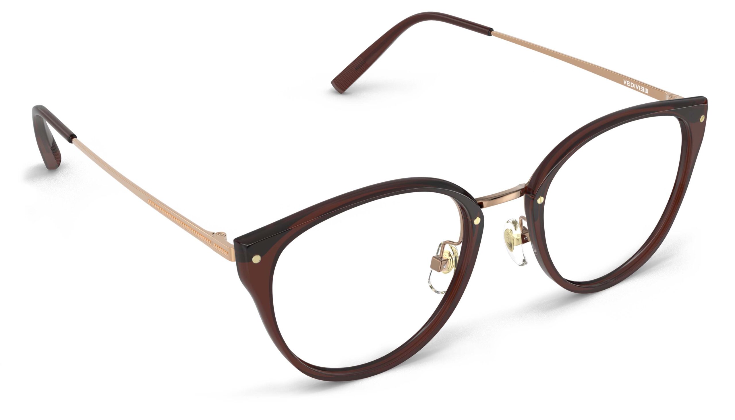 Angled view of Angelou brown gold cat eye eyeglasses from Vediview