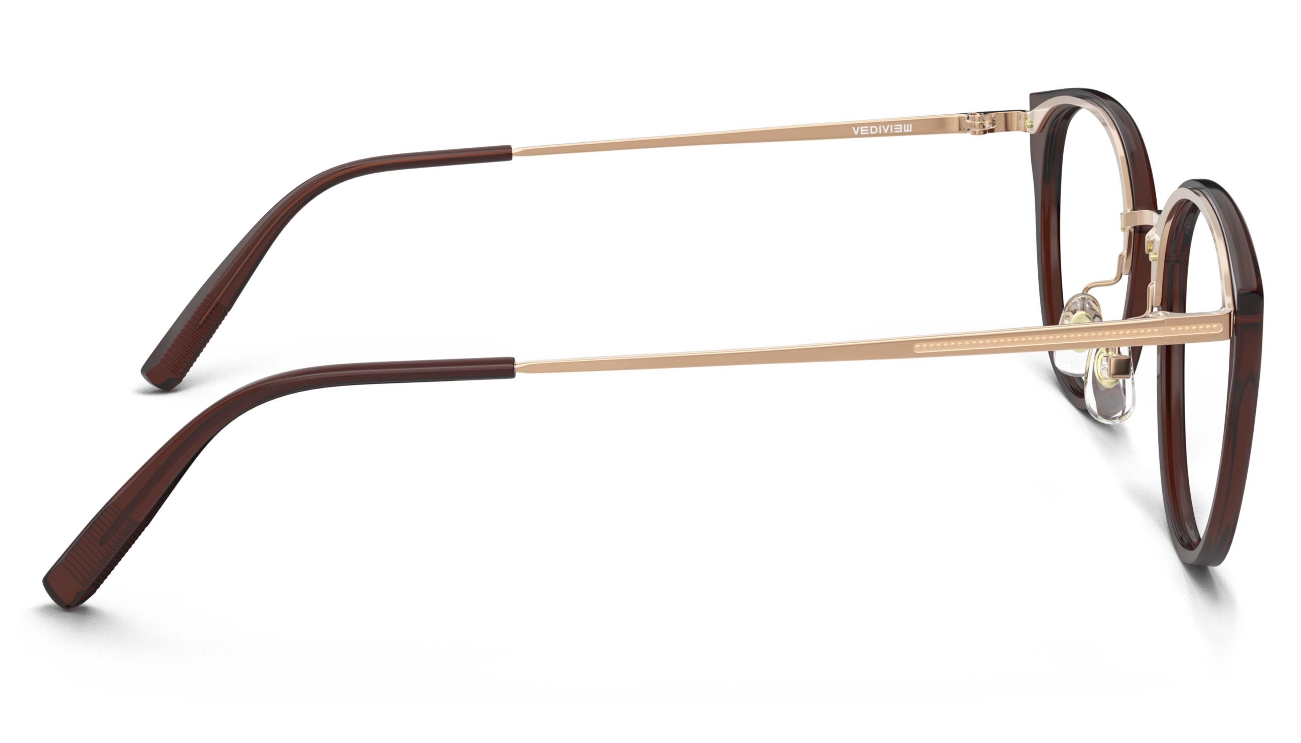 Side view of Angelou brown gold cat eye eyeglasses from Vediview