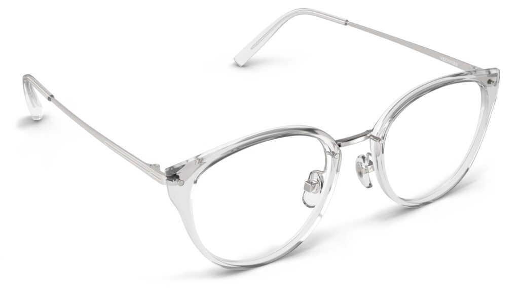 Angled view of Angelou clear silver cat eye eyeglasses from Vediview