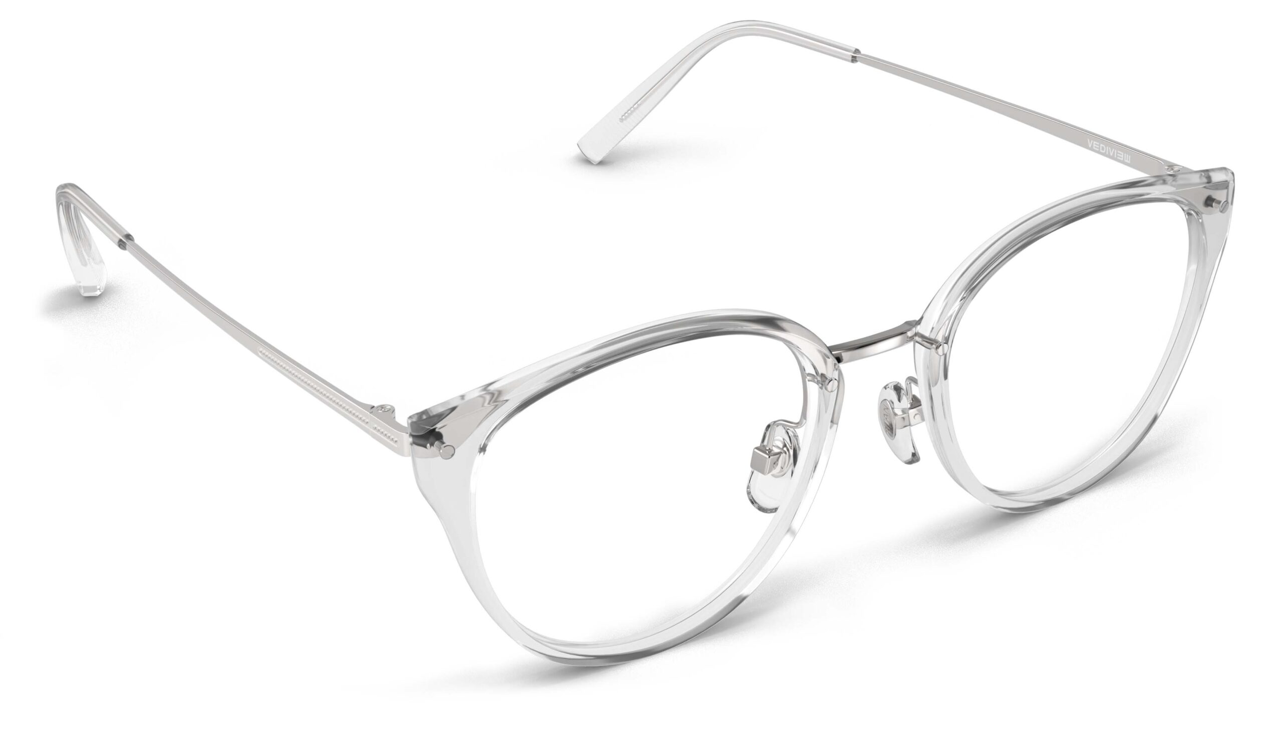 Angled view of Angelou clear silver cat eye eyeglasses from Vediview