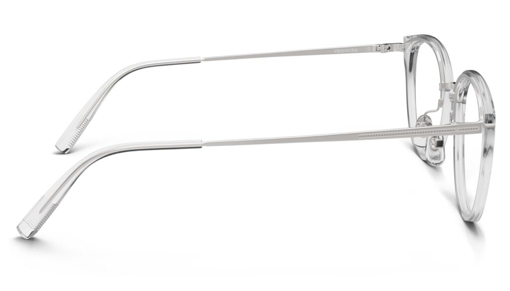 Side view of Angelou clear silver cat eye eyeglasses from Vediview